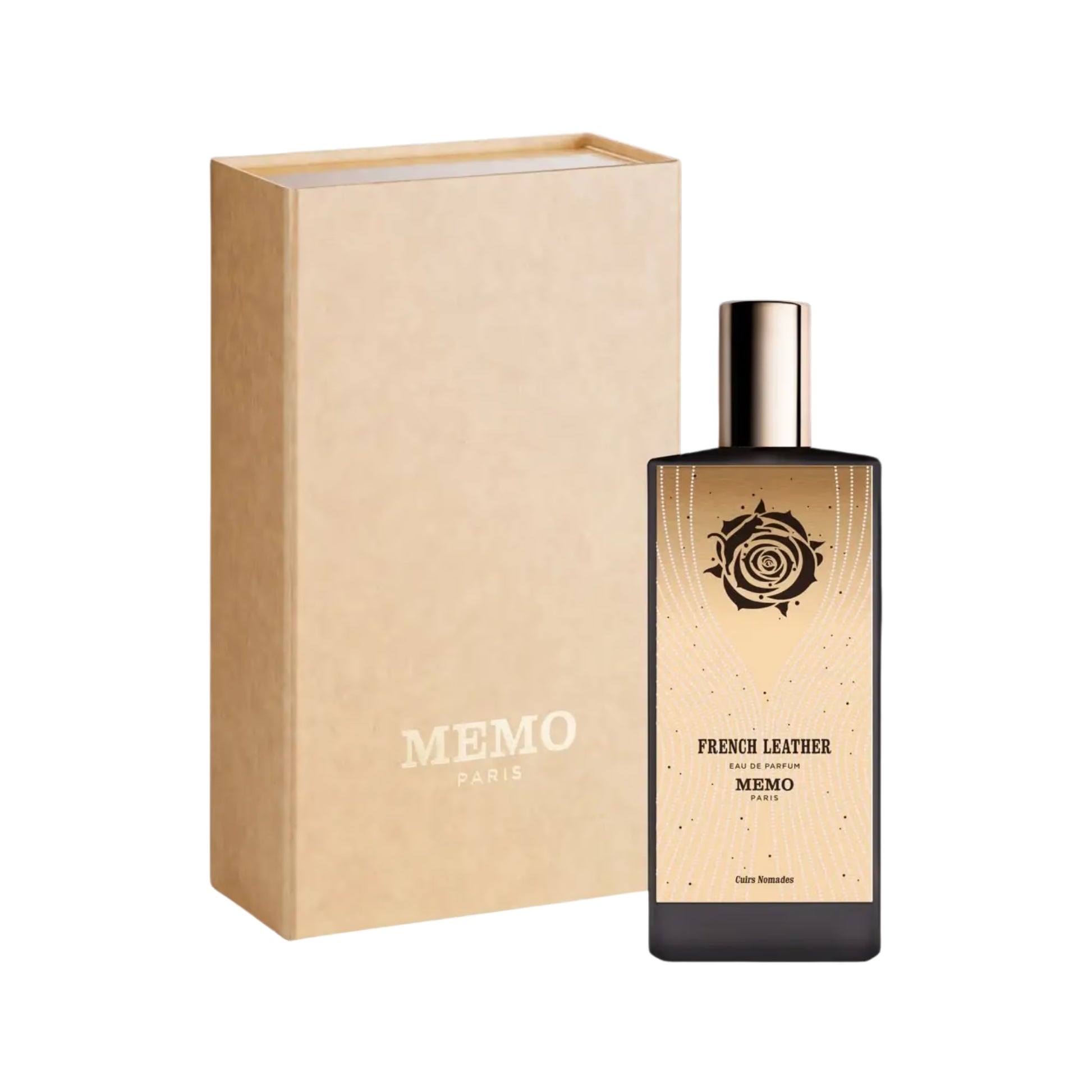 French Leather By Memo Paris black rectangular fragrance bottle with beige retail box