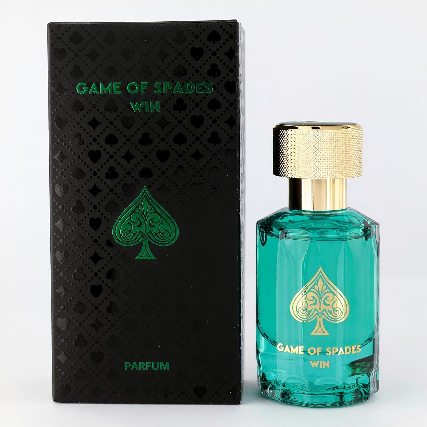 Jo Milano Game of Spades Win turquoise perfume bottle with black box