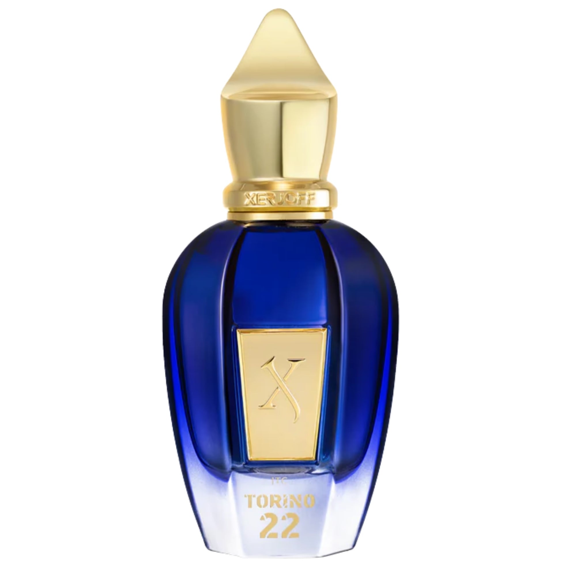 Xerjoff Torino 22 blue perfume bottle shown from three angles