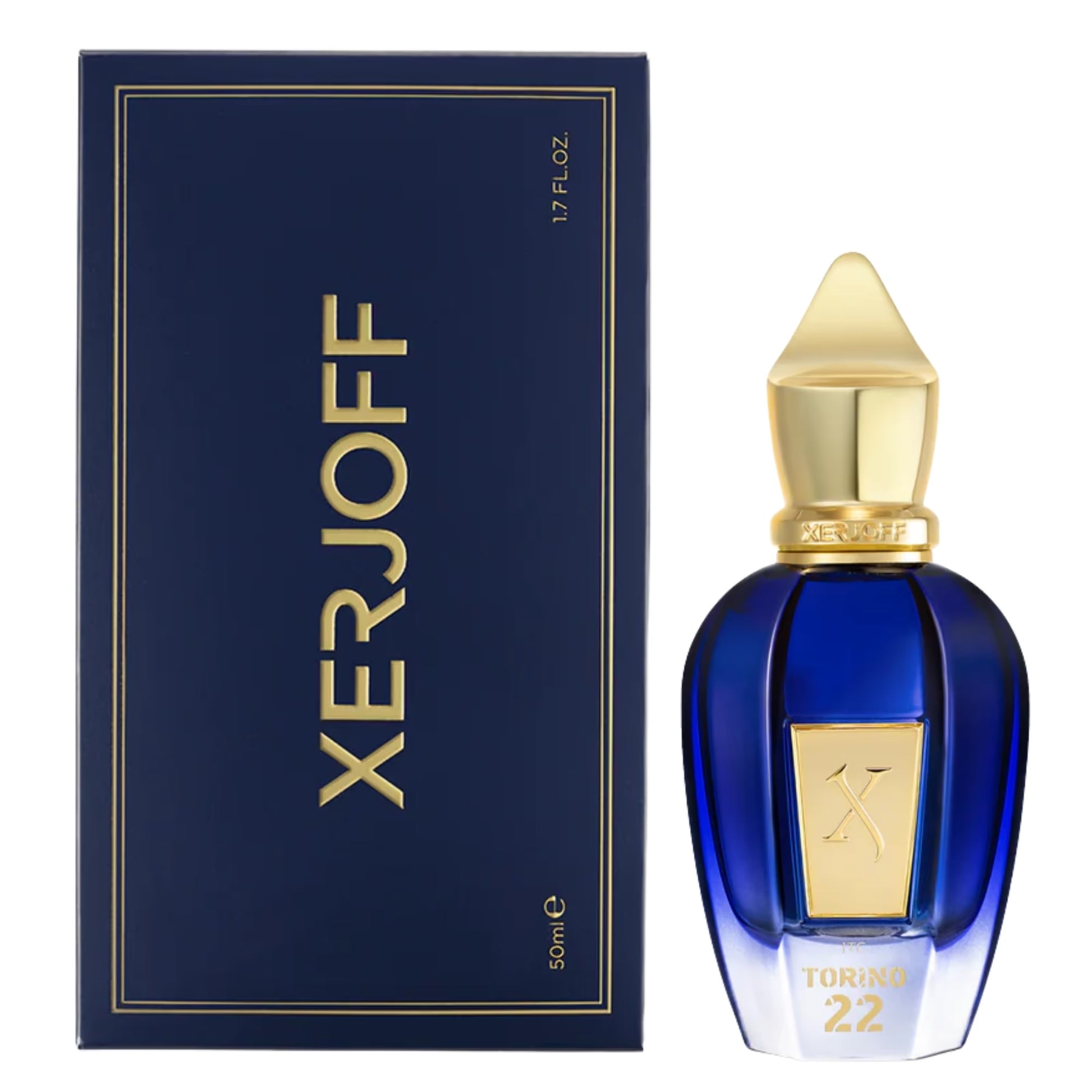 Torino 22 By Xerjoff — blue faceted fragrance bottle with gold pointed cap and blue box