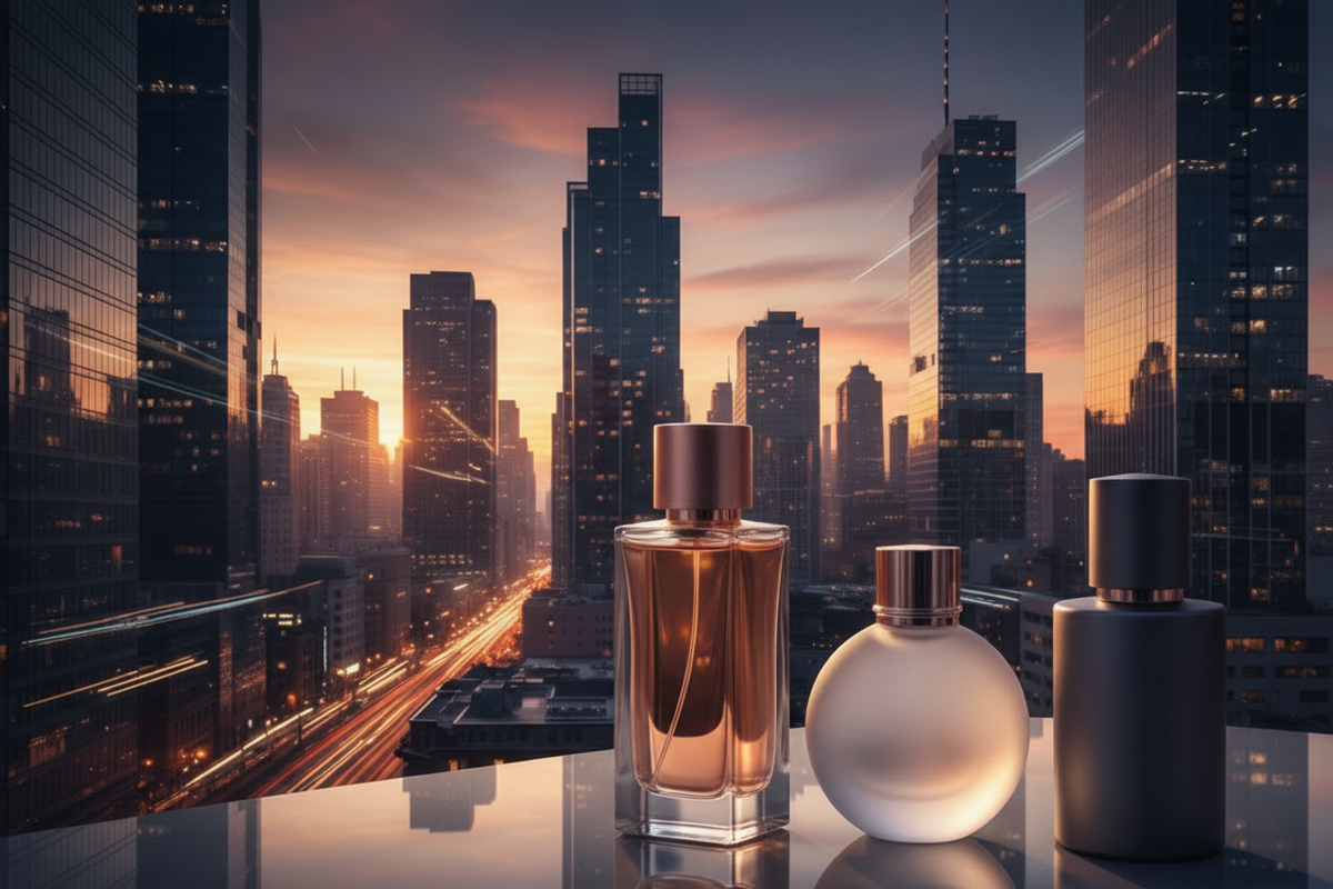Scent In The City fragrances overlooking the city at sunset