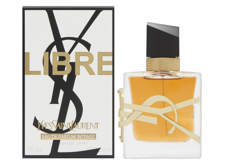 Libre Intense By Yves Saint Laurent amber square perfume bottle with black-and-white retail box