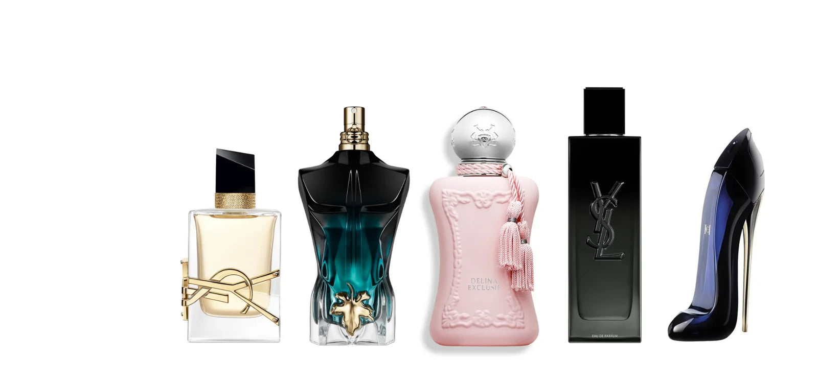 A selection of fragrances from Yves Saint Laurent, Jean Paul Gaultier, Parfums de Marly and Carolina Herrera