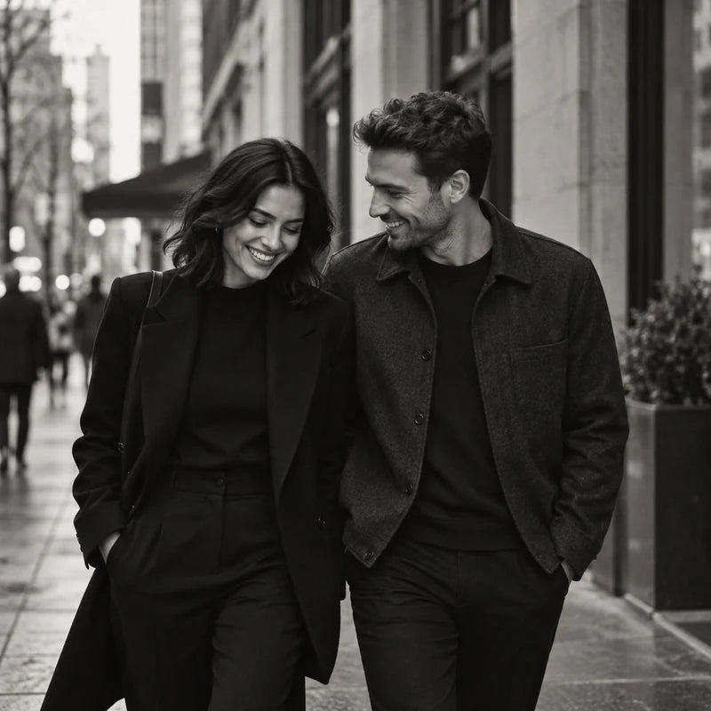 Two friends sharing a moment on a city street — Scent Society editorial artwork